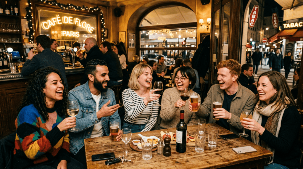 Six friends laughing over drinks at Café de Flore in Paris