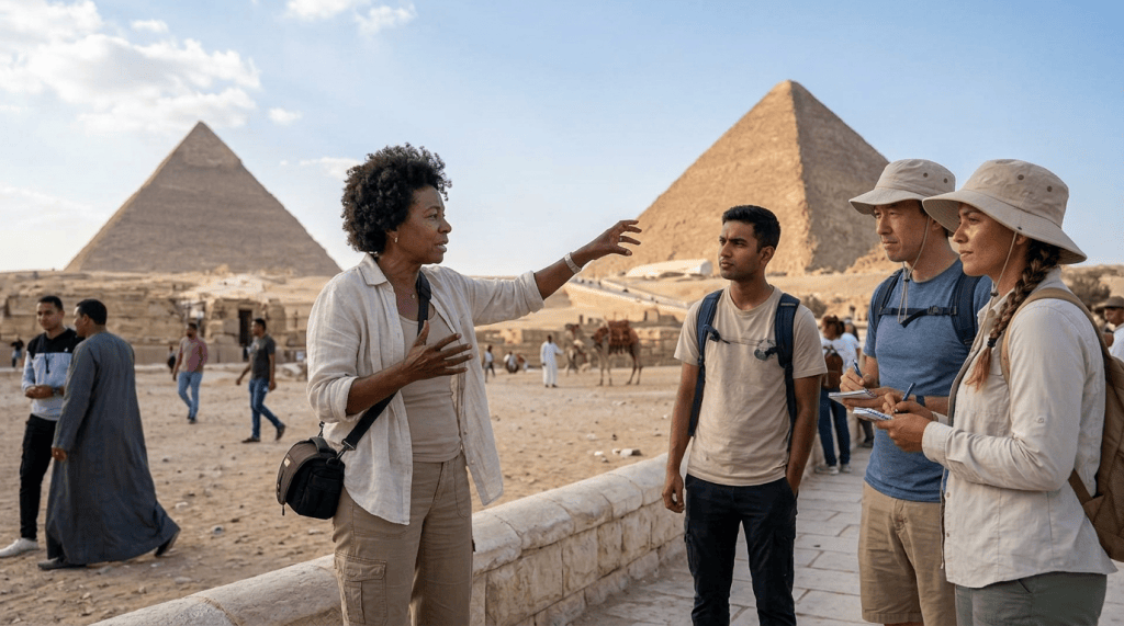 Tour guide explaining the Giza pyramids to visitors