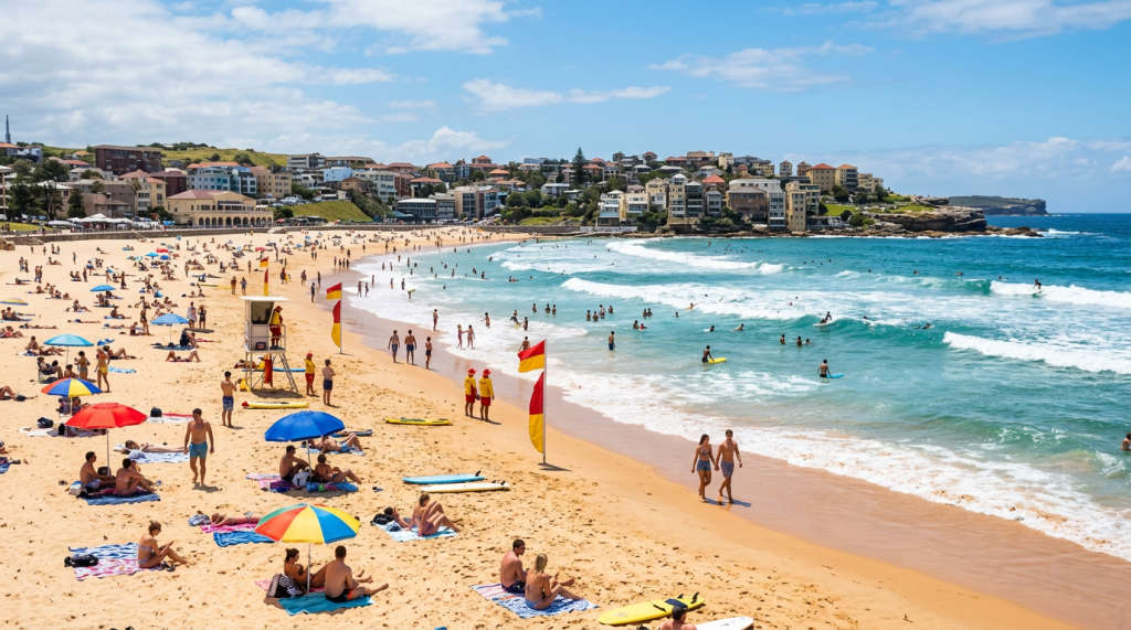 Crowded sandy beach with swimmers, surfers, flags, and coastal buildings