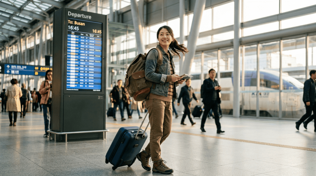 Traveler with suitcase beside departure board showing Busan at 16:45